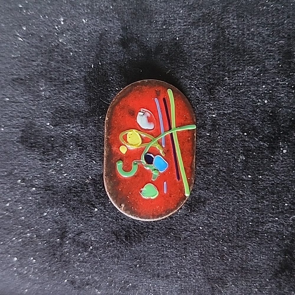 Vintage Mid-Century Modern Abstract Red Enamel Oval Brooch